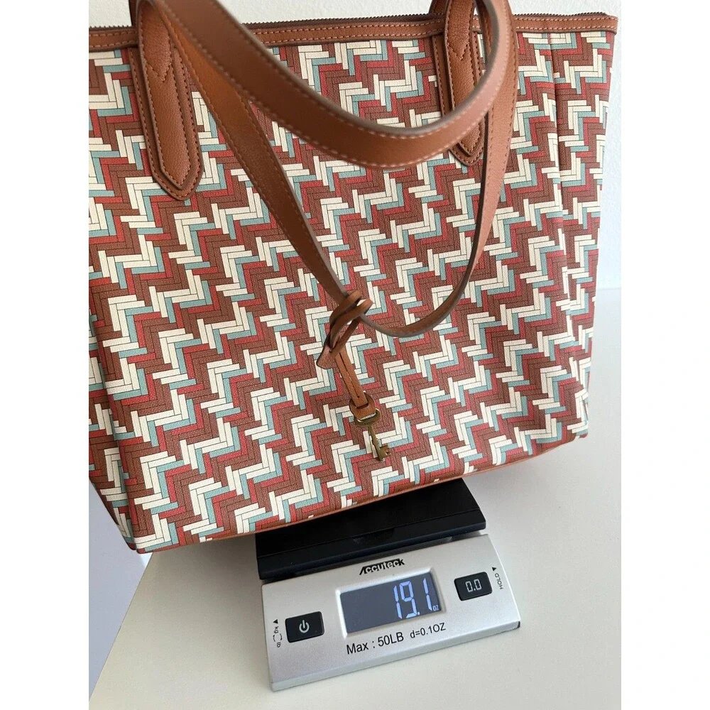 Fossil Sydney Signature Large Tote Bag Shoulder Purse Geometric Brown Top Handle